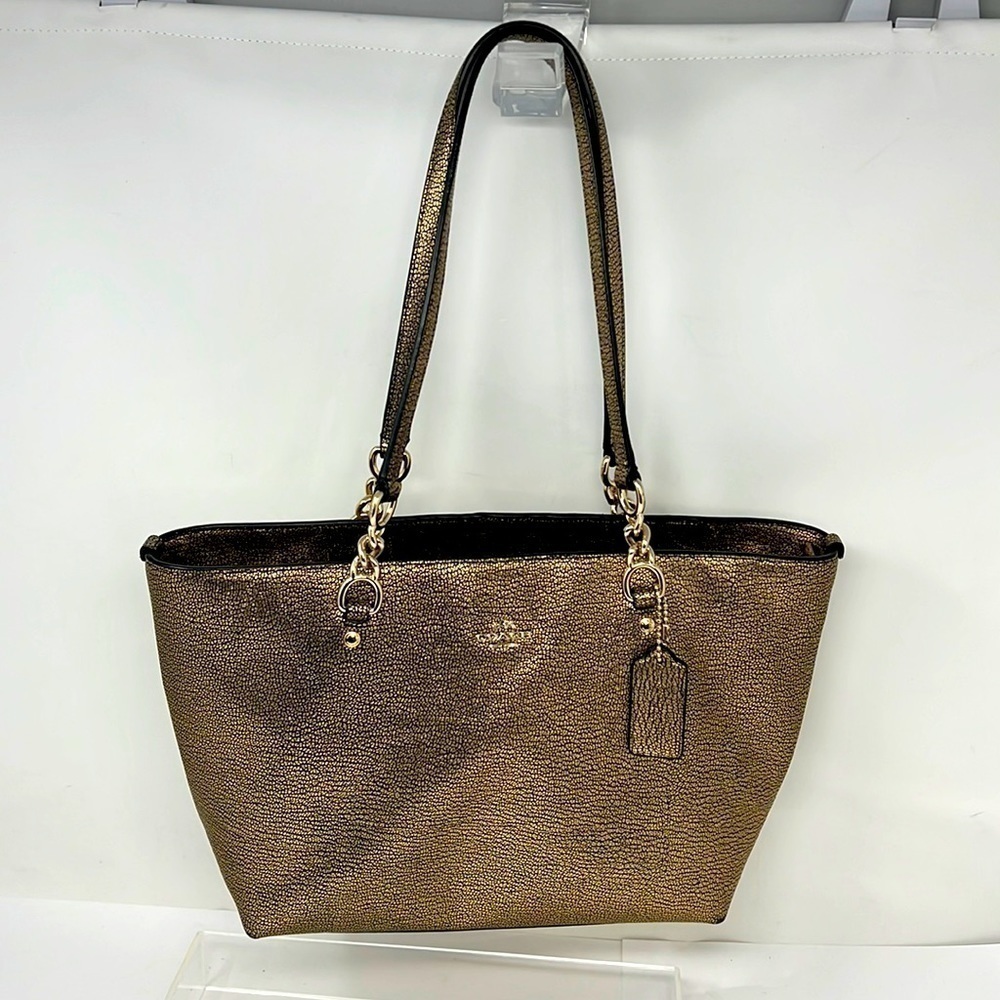 Coach Sophia Gold Black Pebbled Leather Zip Shoulder Tote Bag - Picture 2 of 10